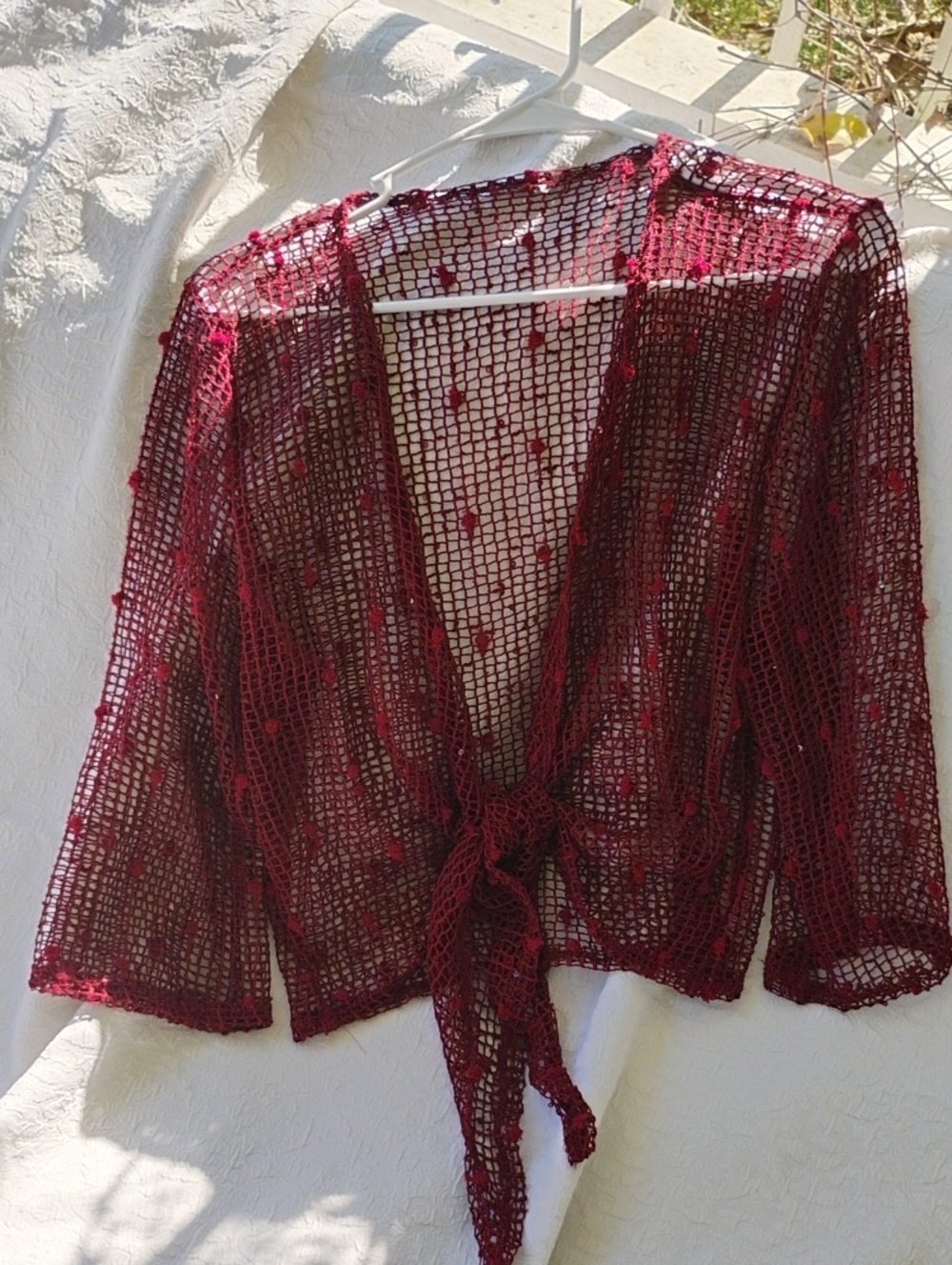 Sheer Crochet Tie-Front Cardigan in Wine